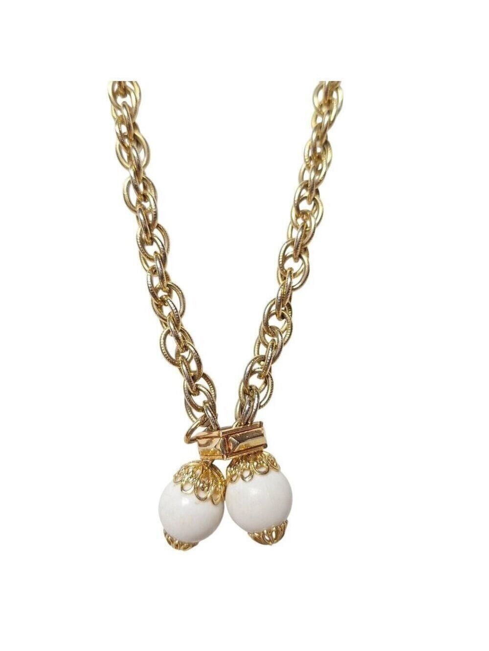 Vintage Gold Tone Chunky Chain Lariat Necklace Faux Pearl